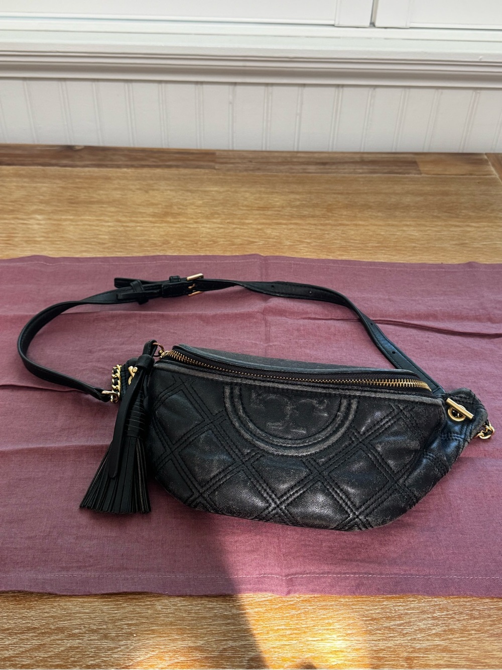 Tory Burch Black Quilted Leather Crossbody Belt Bag with Tassel